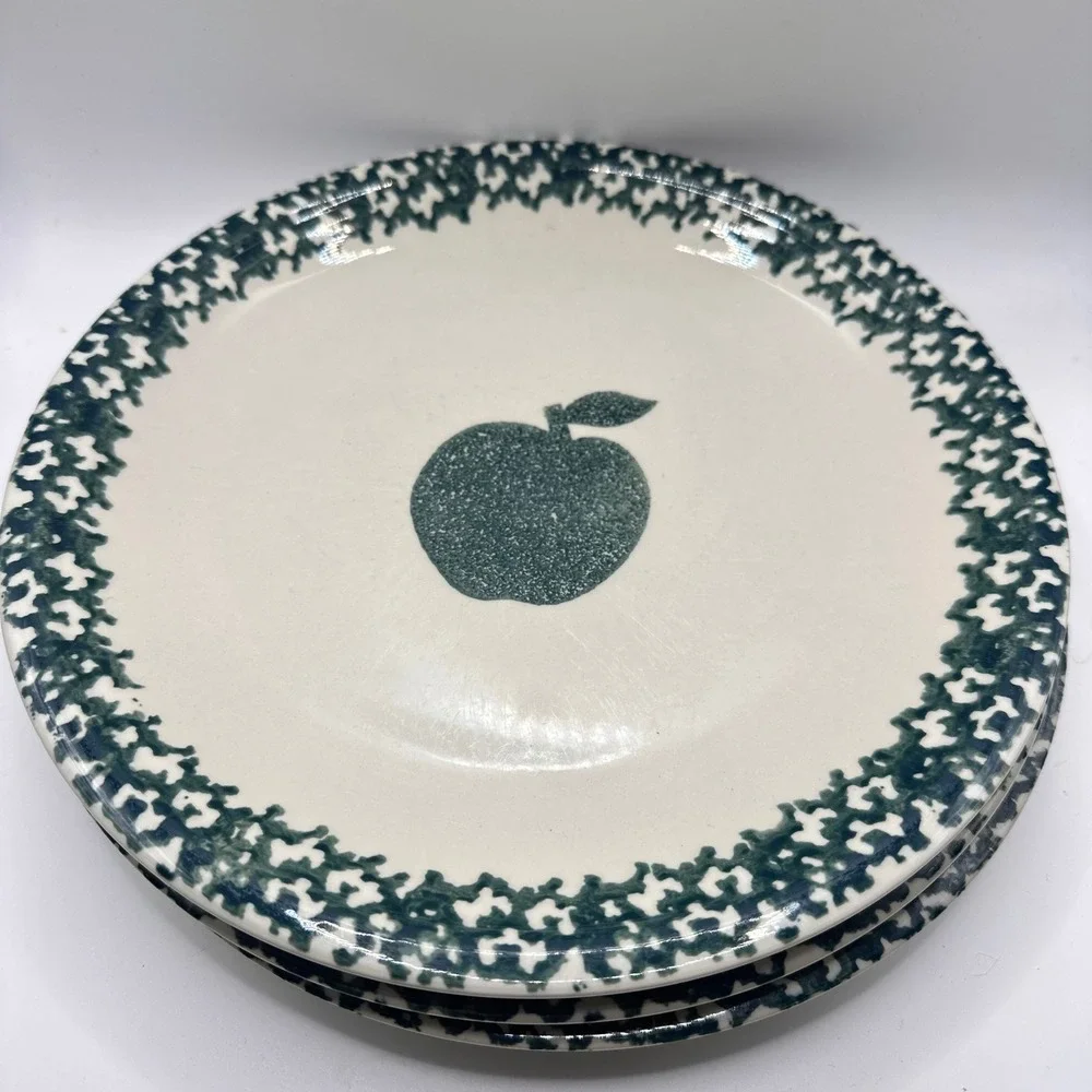 Tienshan Folk Craft Sponge Apple Dinner Plates Set of 3 Stoneware Green Cream